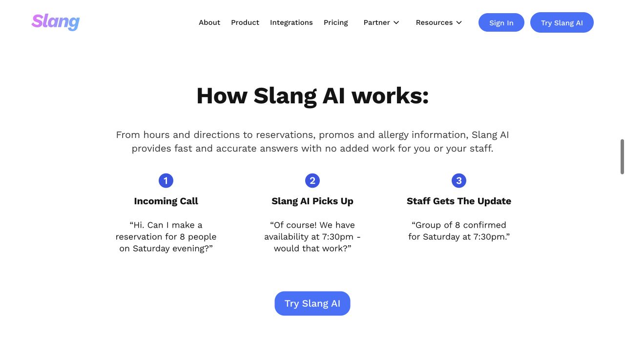 Slang AI将餐厅来电转成预订并同步给员工