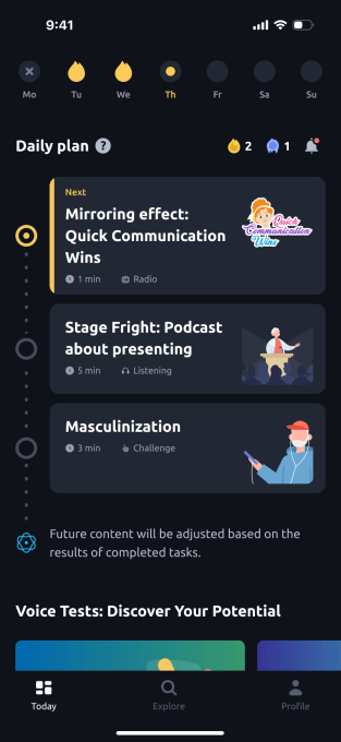 Vocal Image product screen organized around a daily speaking practice plan