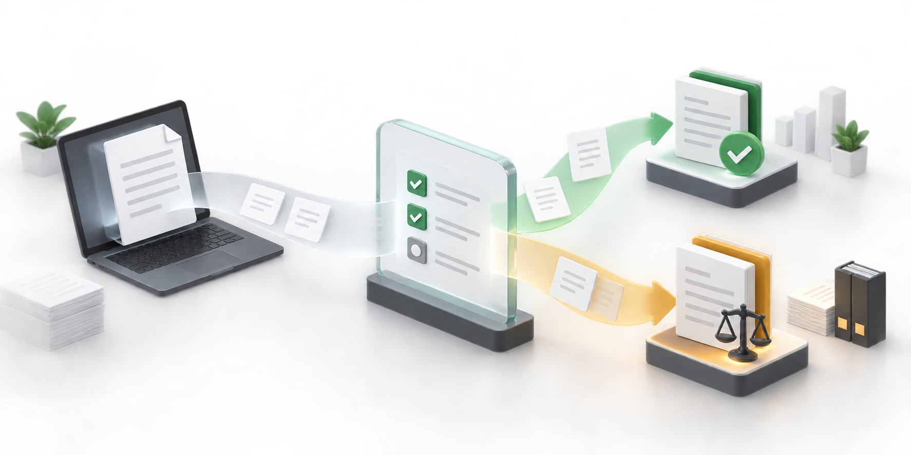A business contract request moves through rule checks, legal review, and an executable decision