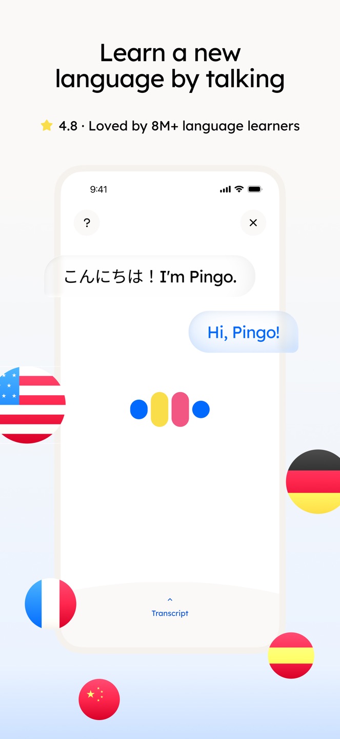 Pingo’s App Store presentation of its voice conversation interface, where a learner speaks and the AI continues the exchange.