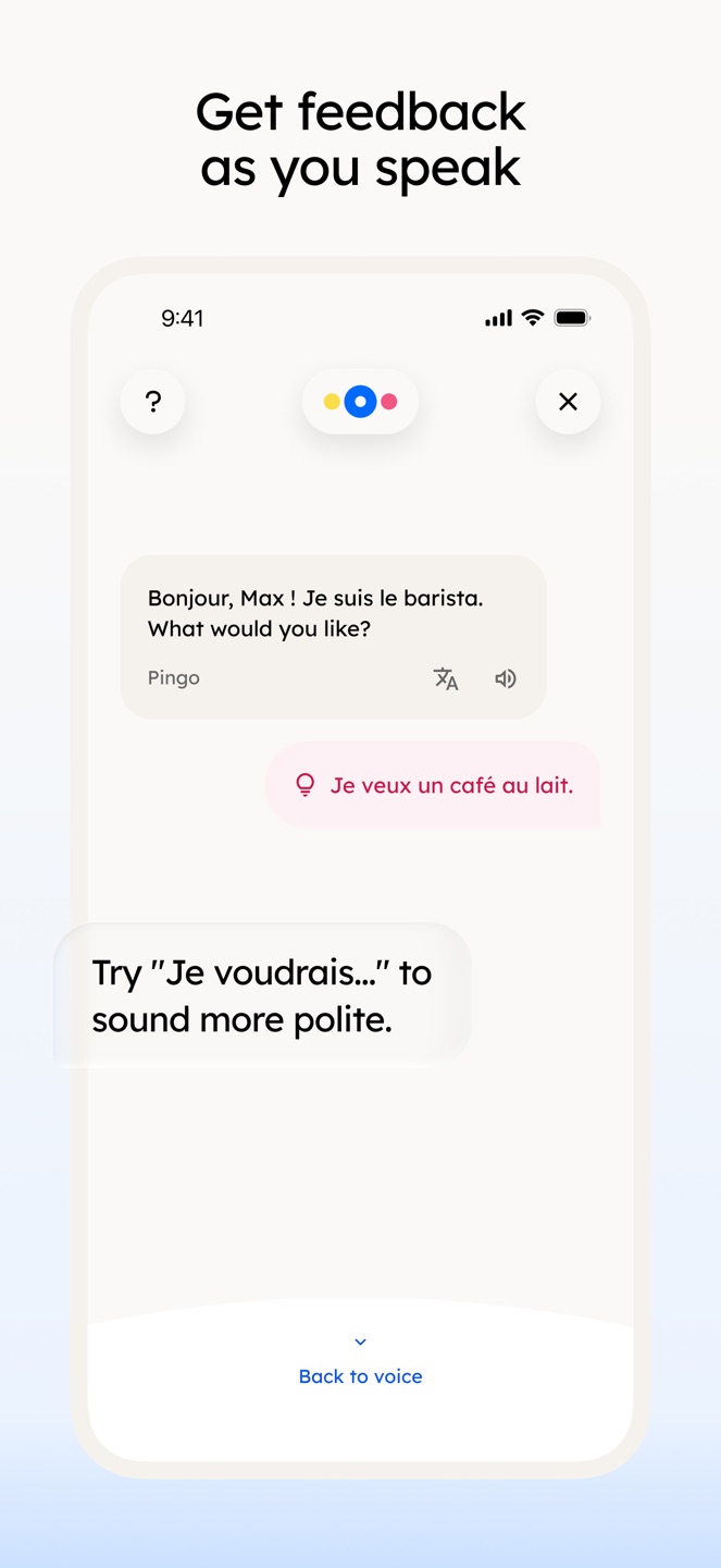 Pingo shows immediate feedback after a conversation, including a more natural phrasing suggestion. The image is promotional and is not evidence of learning outcomes.