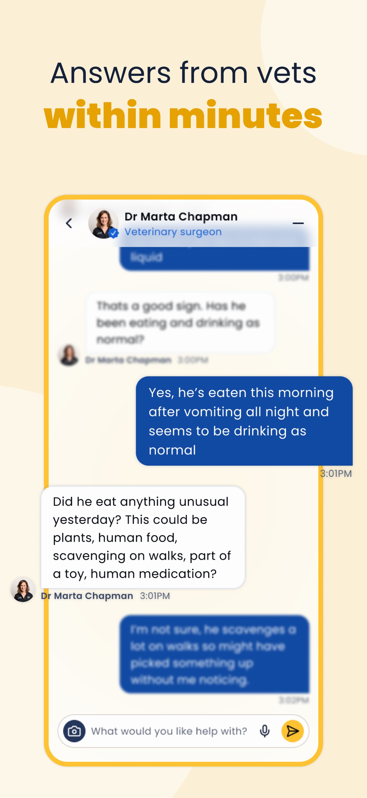An App Store screenshot shows a conversation between a pet owner and a human vet. The image is an official product illustration.