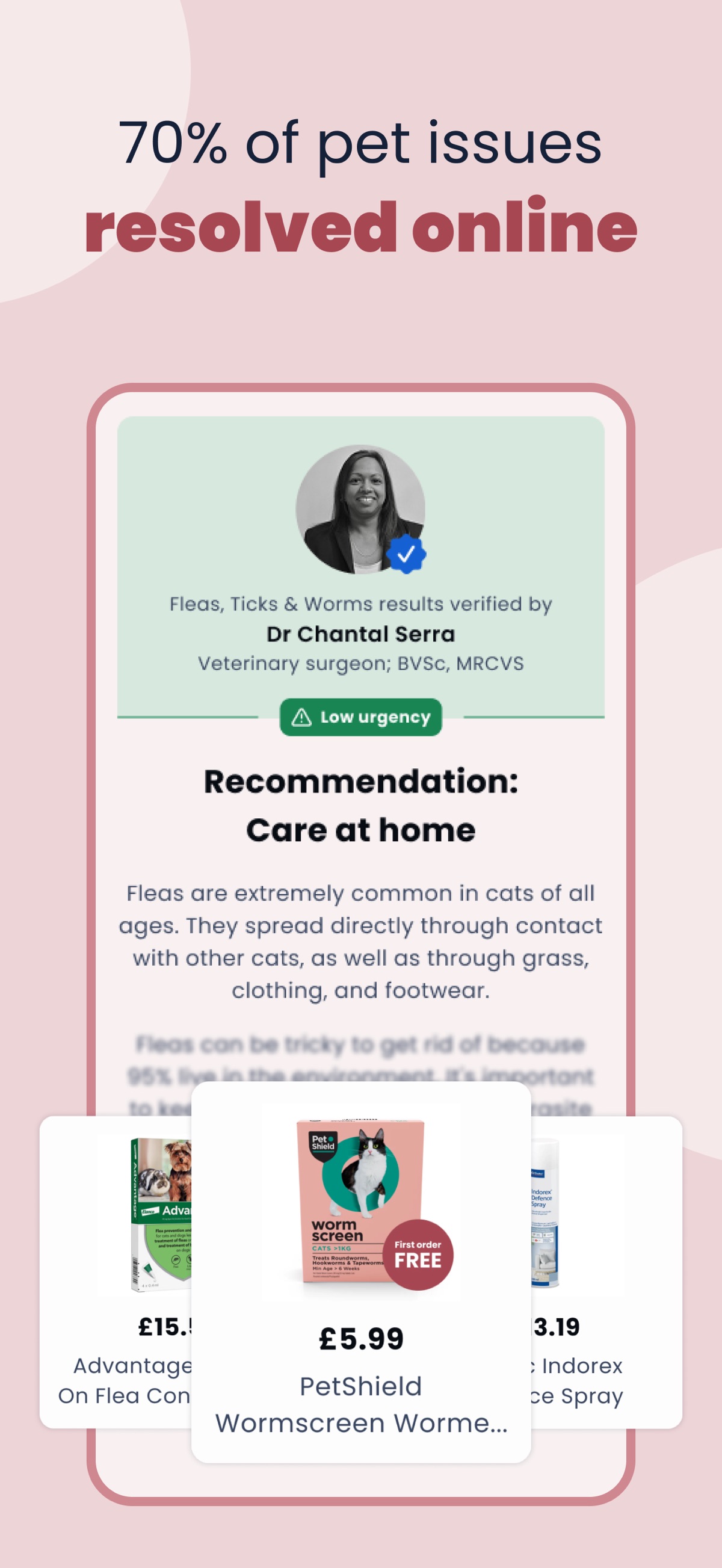 Joii presents home-care guidance and product recommendations after triage. The screenshot’s claim that 70% of cases are resolved online is self-reported and has not been independently audited.