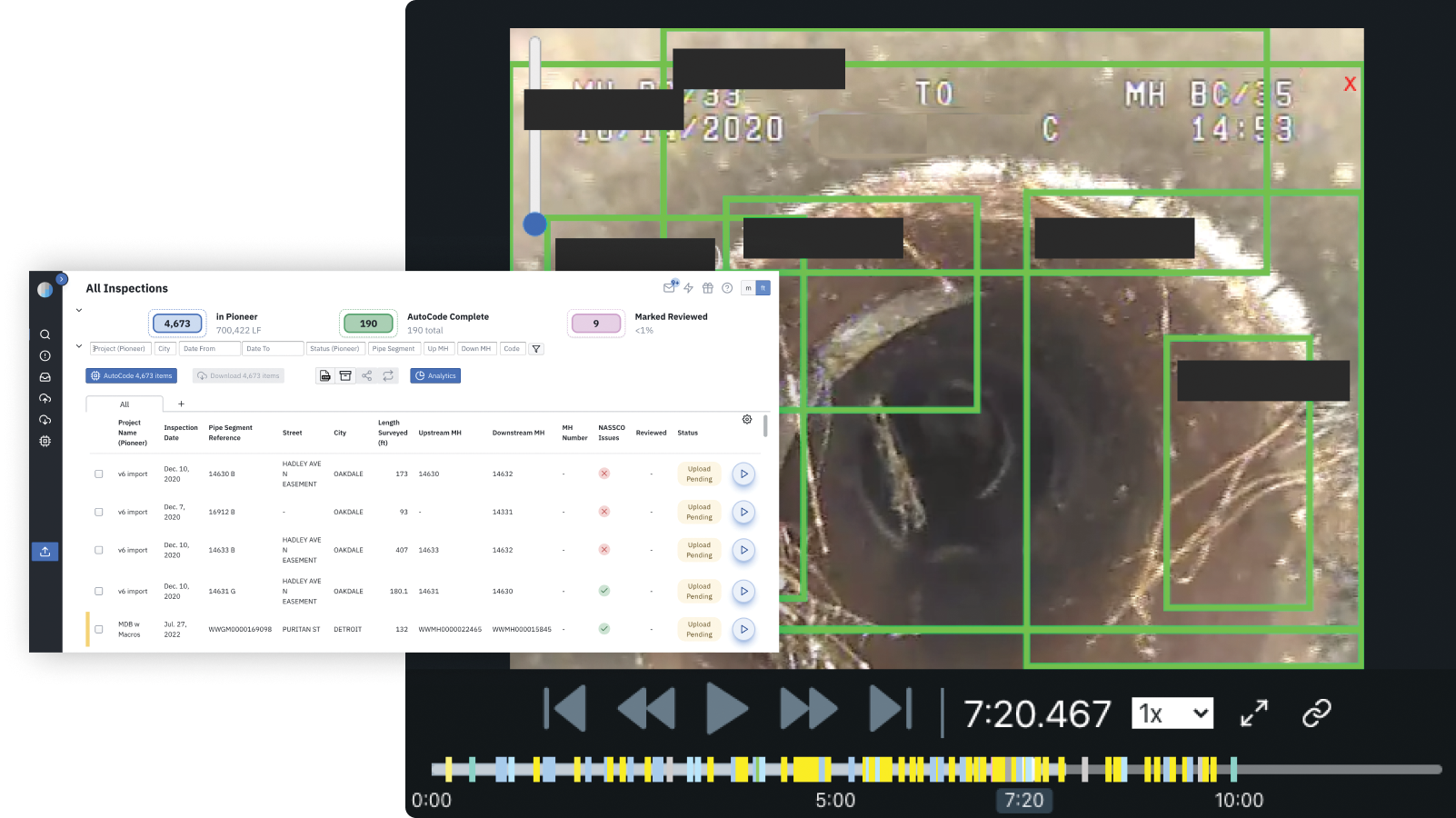 An official AutoCode demonstration shows pipe footage beside inspection data. It illustrates the workflow and is not an acceptance image from the Houston contract.