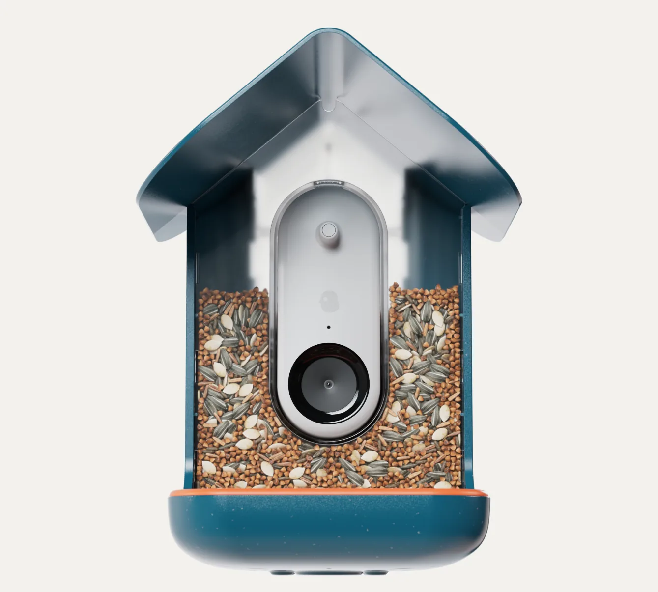 A Birdbuddy feeder with its built-in camera.