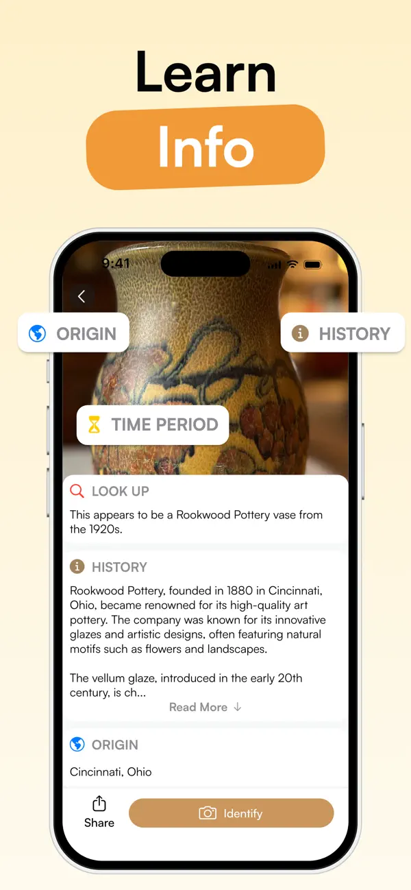Curio shows an object’s background, age, and place of origin.