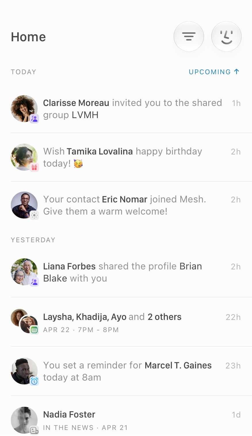 Mesh mobile relationship updates and contact reminders