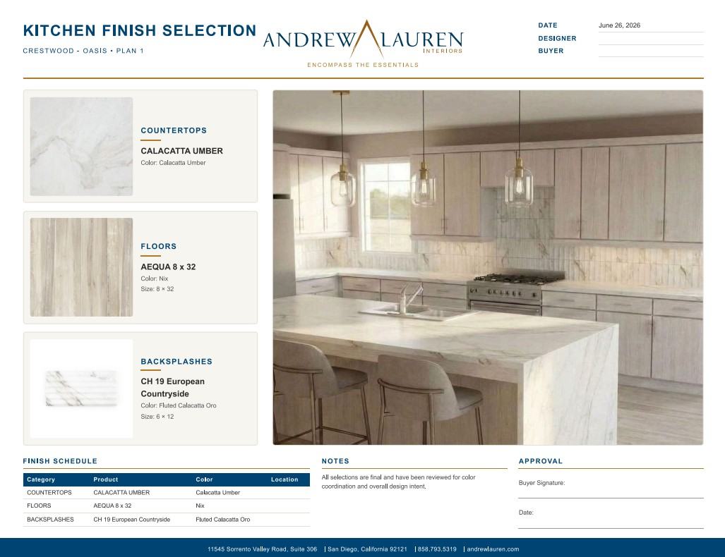 A kitchen material approval sheet