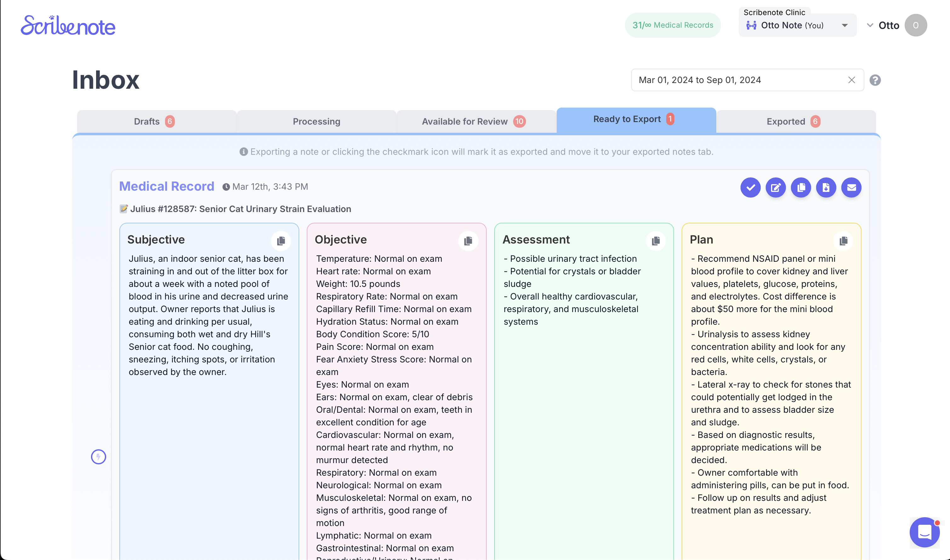 Scribenote’s official medical-record inbox showing draft, processing, review, export, and exported states