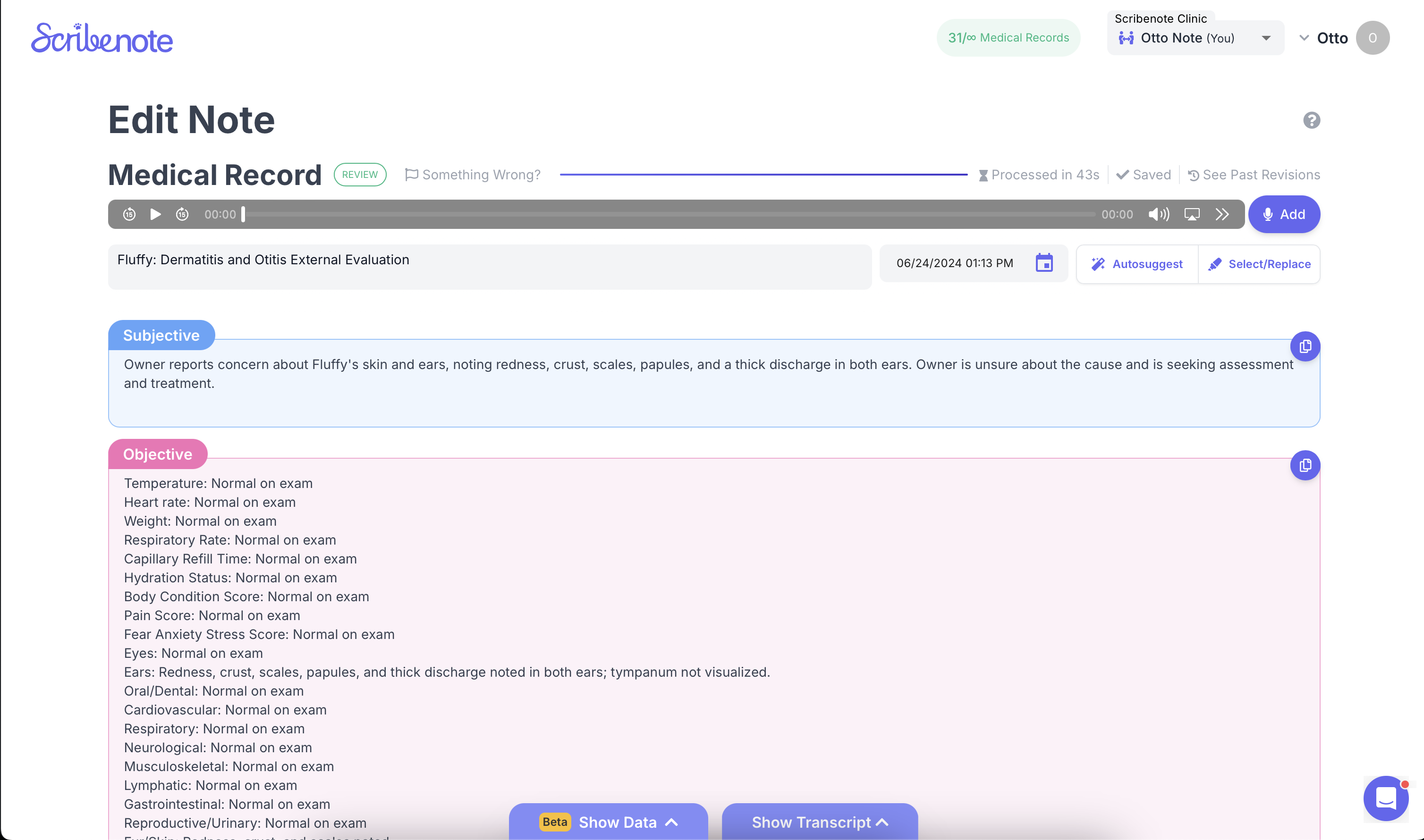 Scribenote’s official record editor showing SOAP sections, audio playback, and an option to add more audio