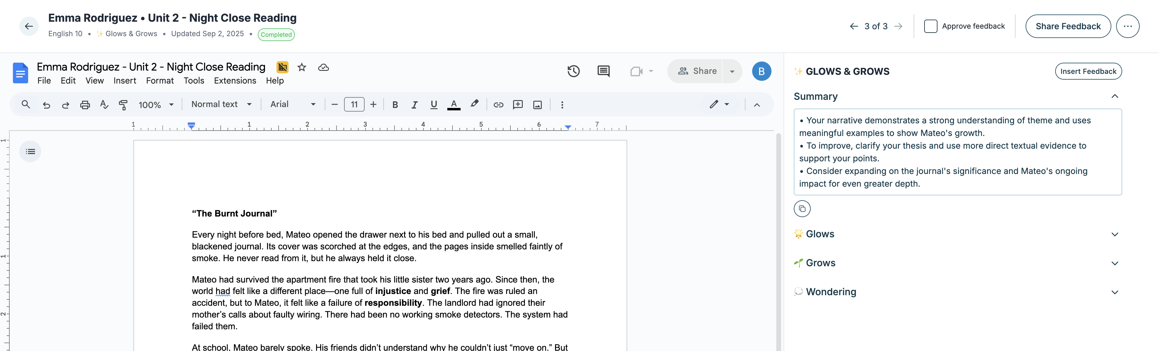 Brisk’s official single-assignment view with the original work, feedback, and approval option