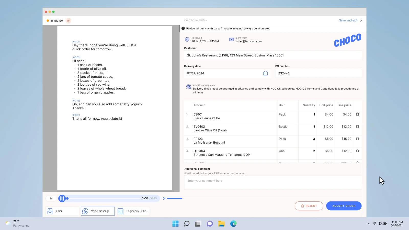 Choco’s official order-review interface, with the original content on the left and structured details on the right